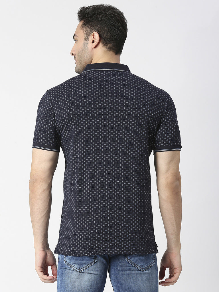 Navy Blue Jersey Lycra Printed Polo T-shirt With Tipping Collar
