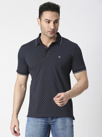 Navy Blue Jersey Lycra Printed Polo T-shirt With Tipping Collar