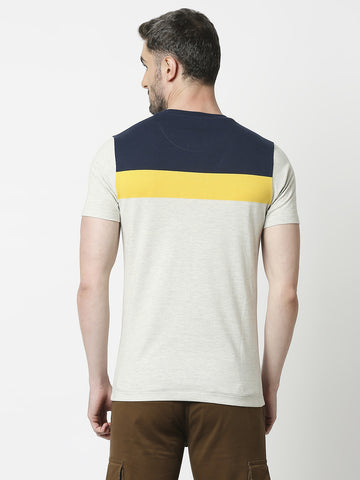 Ecru Melange Jersey Lycra Colour Blocked Round Neck T-shirt