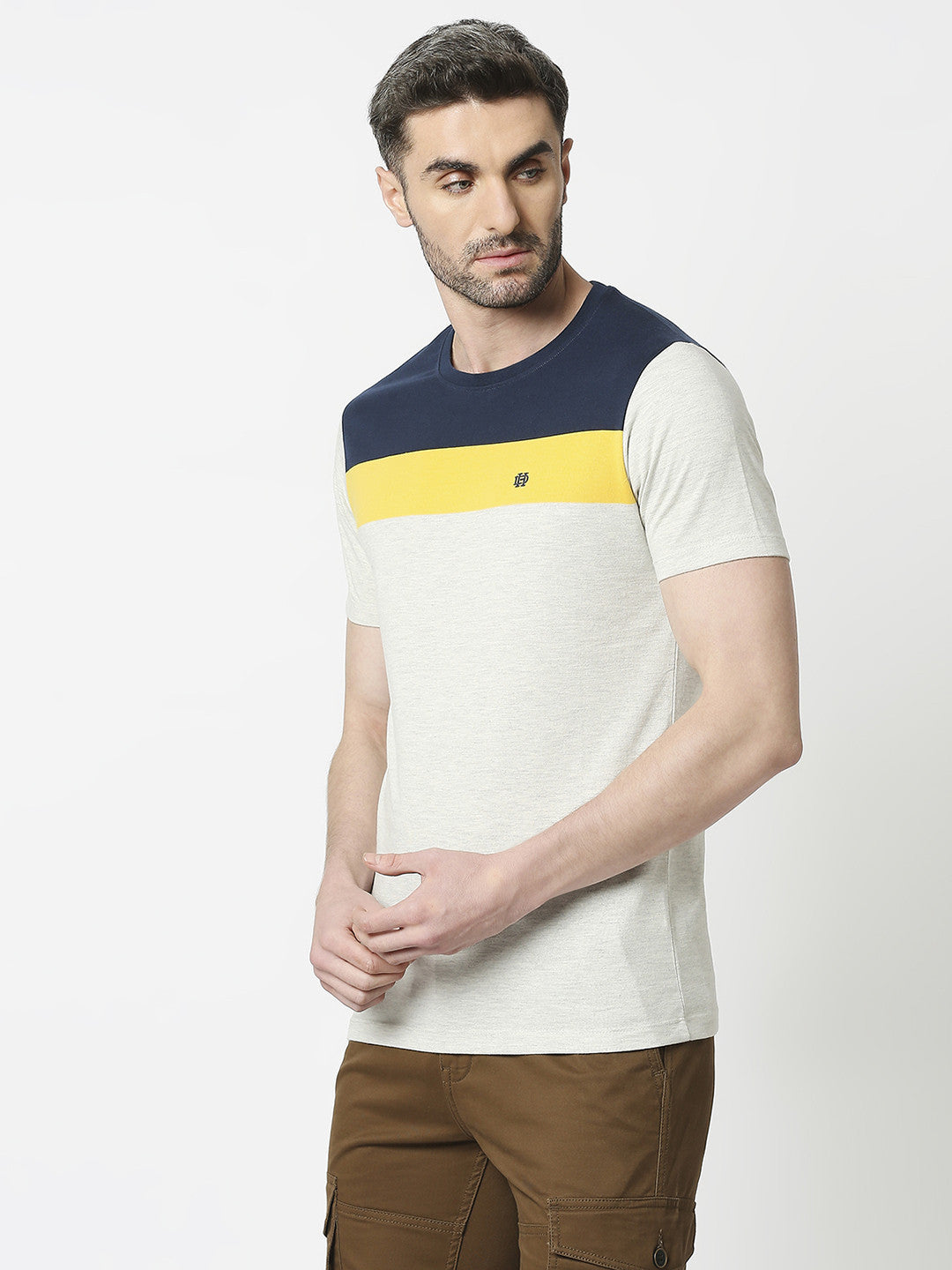 Ecru Melange Jersey Lycra Colour Blocked Round Neck T-shirt