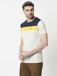 Ecru Melange Jersey Lycra Colour Blocked Round Neck T-shirt