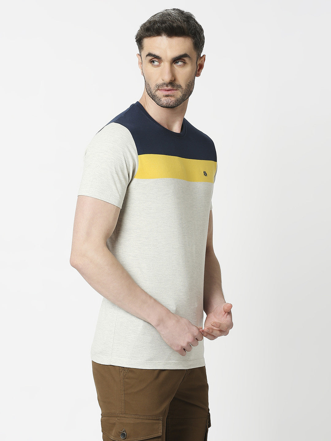 Ecru Melange Jersey Lycra Colour Blocked Round Neck T-shirt