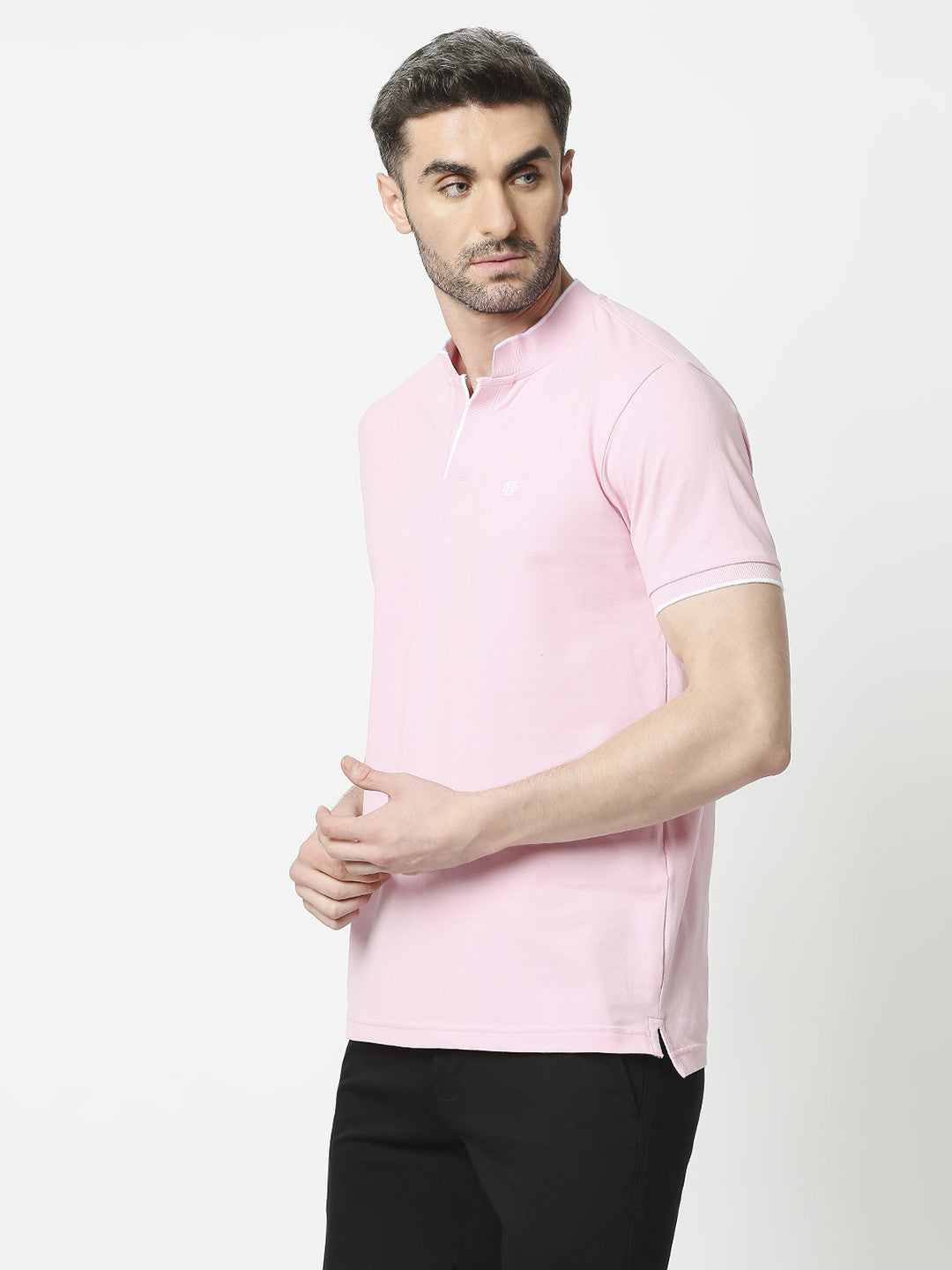 Pink Pique Lycra Polo T-shirt With Johnny Collar