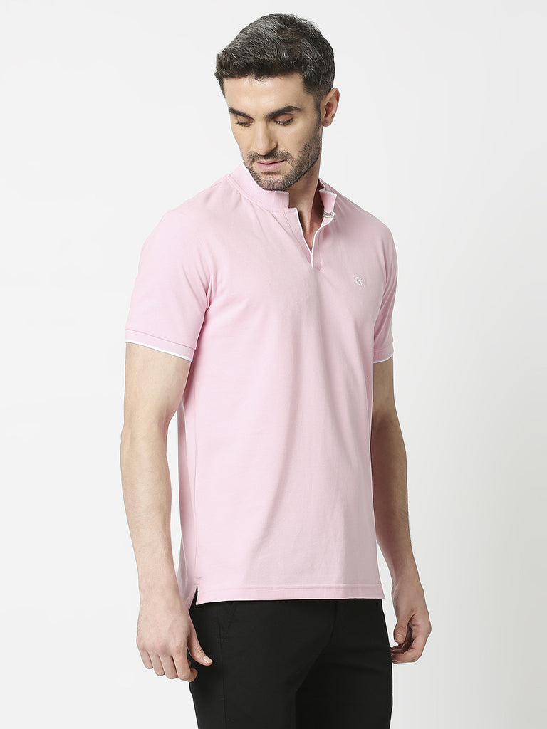 Pink Pique Lycra Polo T-shirt With Johnny Collar