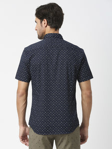 Navy Blue Half Sleeves Satin Printed Shirt With Pocket