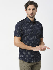 Navy Blue Half Sleeves Satin Printed Shirt With Pocket