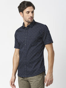 Navy Blue Half Sleeves Satin Printed Shirt With Pocket