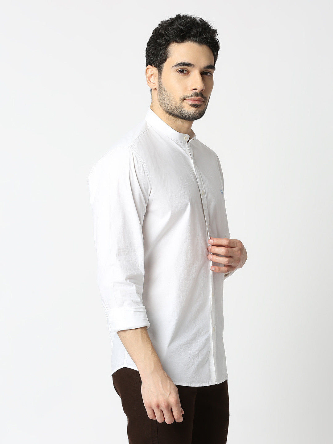 White Poplin Shirt With Stand Collar