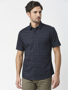 Navy Blue Half Sleeves Satin Printed Shirt With Pocket