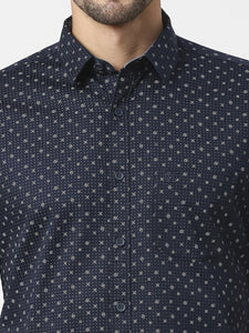Navy Blue Half Sleeves Satin Printed Shirt With Pocket