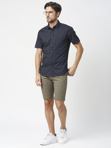 Navy Blue Half Sleeves Satin Printed Shirt With Pocket