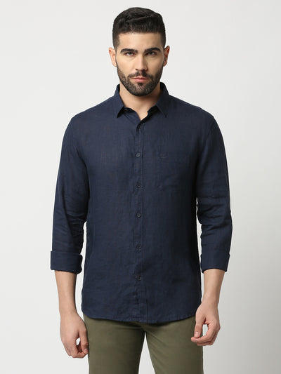 Navy Blue Pure Linen Shirt With Pocket
