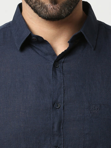 Navy Blue Pure Linen Shirt With Pocket