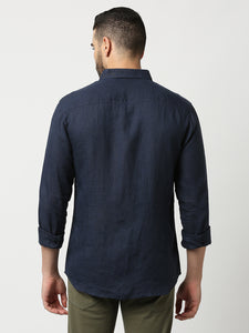Navy Blue Pure Linen Shirt With Pocket