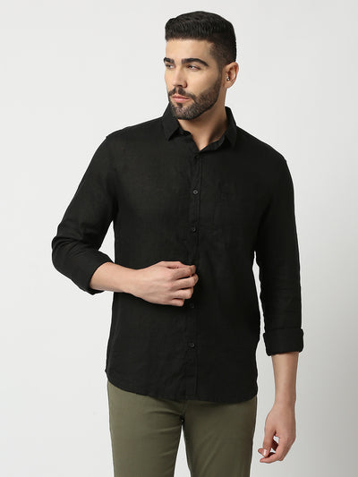 Black Pure Linen Shirt With Pocket