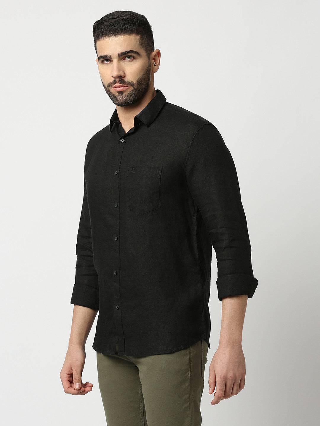 Black Pure Linen Shirt With Pocket