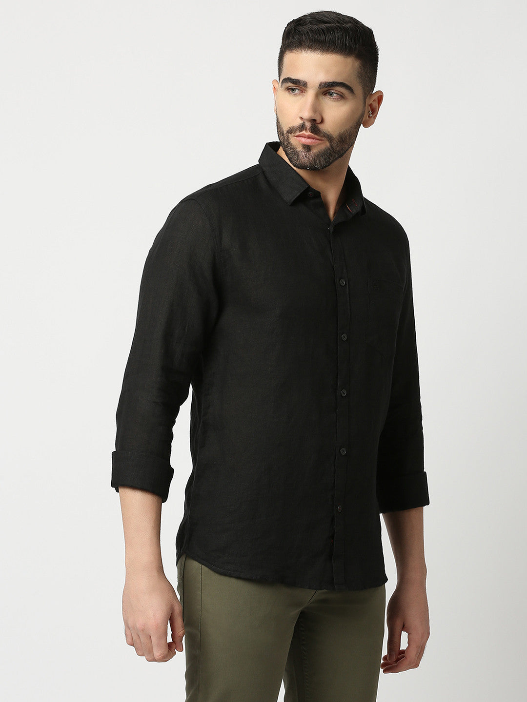Black Pure Linen Shirt With Pocket