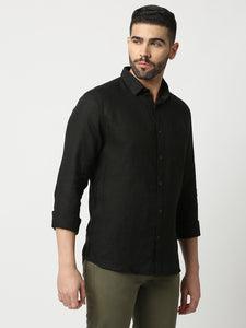 Black Pure Linen Shirt With Pocket