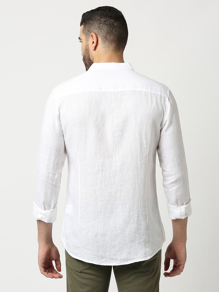 White Pure Linen Shirt With Mandarin Collar
