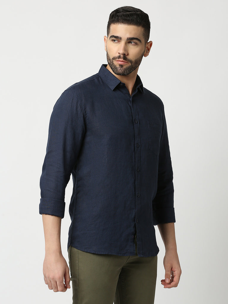 Navy Blue Pure Linen Shirt With Pocket
