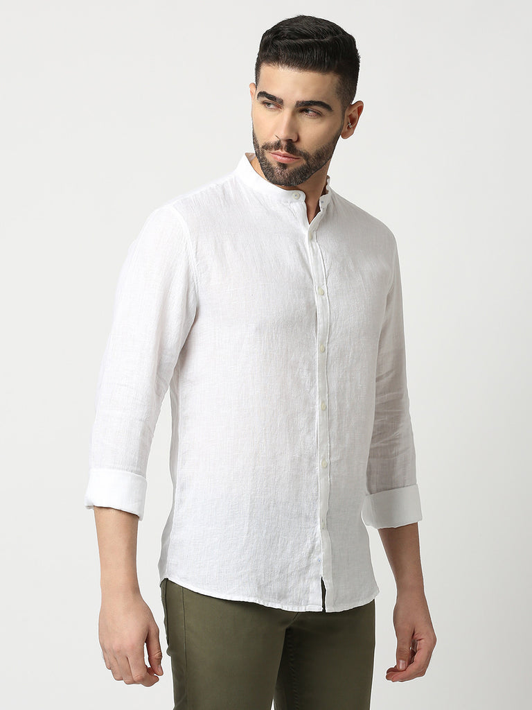 White Pure Linen Shirt With Mandarin Collar