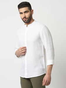 White Pure Linen Shirt With Mandarin Collar