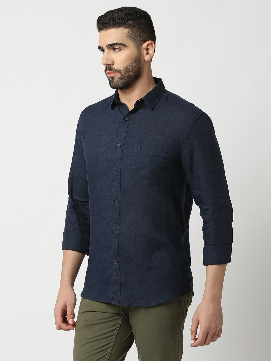 Navy Blue Pure Linen Shirt With Pocket