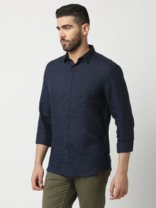Navy Blue Pure Linen Shirt With Pocket