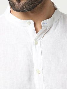 White Pure Linen Shirt With Mandarin Collar