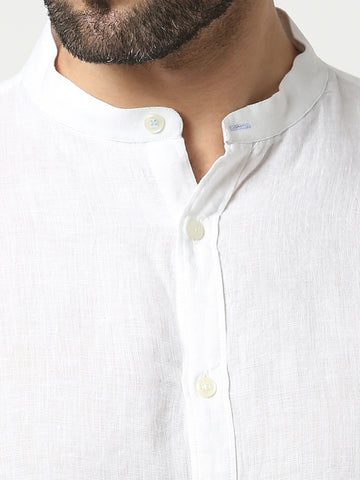 White Pure Linen Shirt With Mandarin Collar