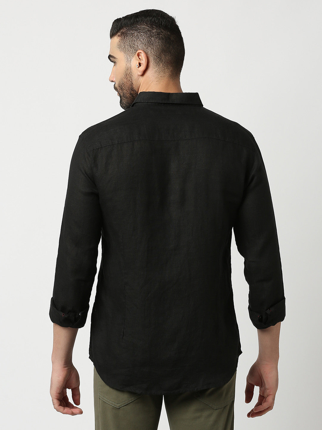 Black Pure Linen Shirt With Pocket