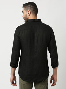 Black Pure Linen Shirt With Pocket