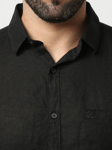 Black Pure Linen Shirt With Pocket