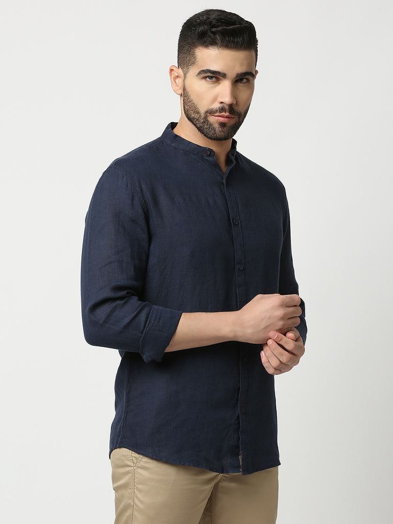Navy Blue Pure Linen Shirt With Mandarin Collar