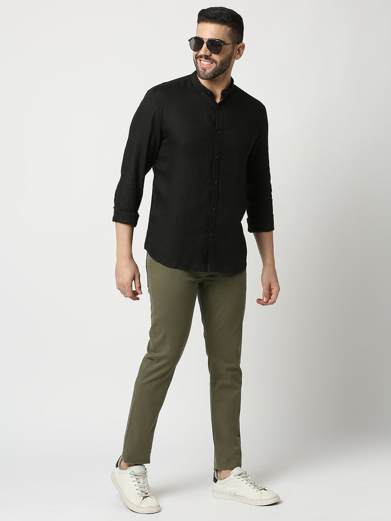 Black Pure Linen Shirt With Mandarin Collar