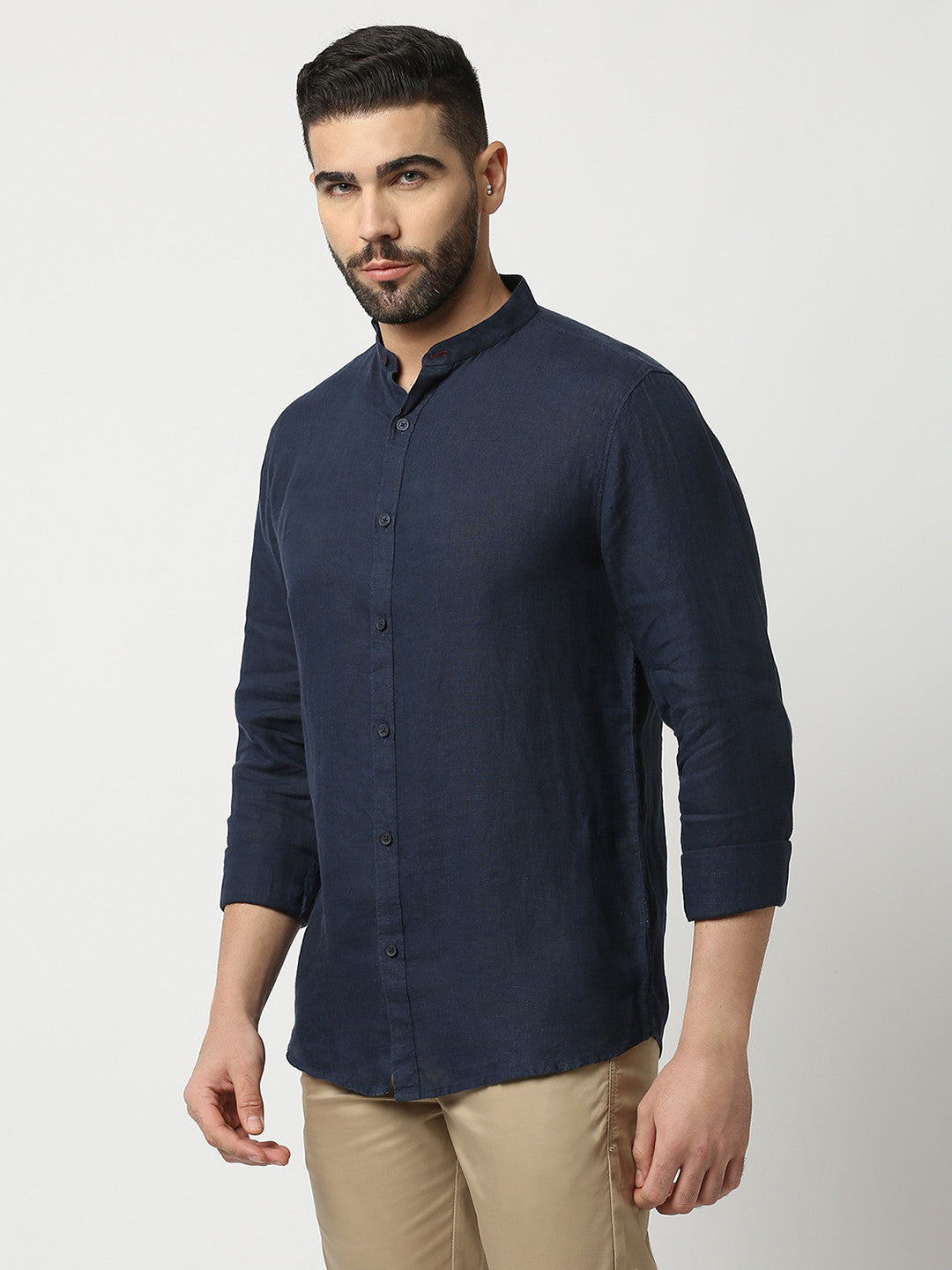 Navy Blue Pure Linen Shirt With Mandarin Collar