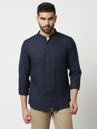 Navy Blue Pure Linen Shirt With Mandarin Collar
