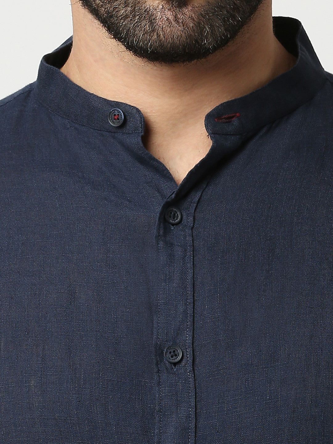 Navy Blue Pure Linen Shirt With Mandarin Collar