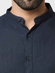Navy Blue Pure Linen Shirt With Mandarin Collar