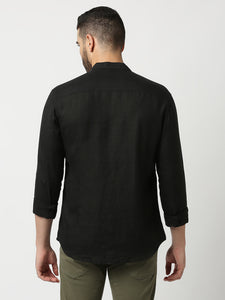 Black Pure Linen Shirt With Mandarin Collar