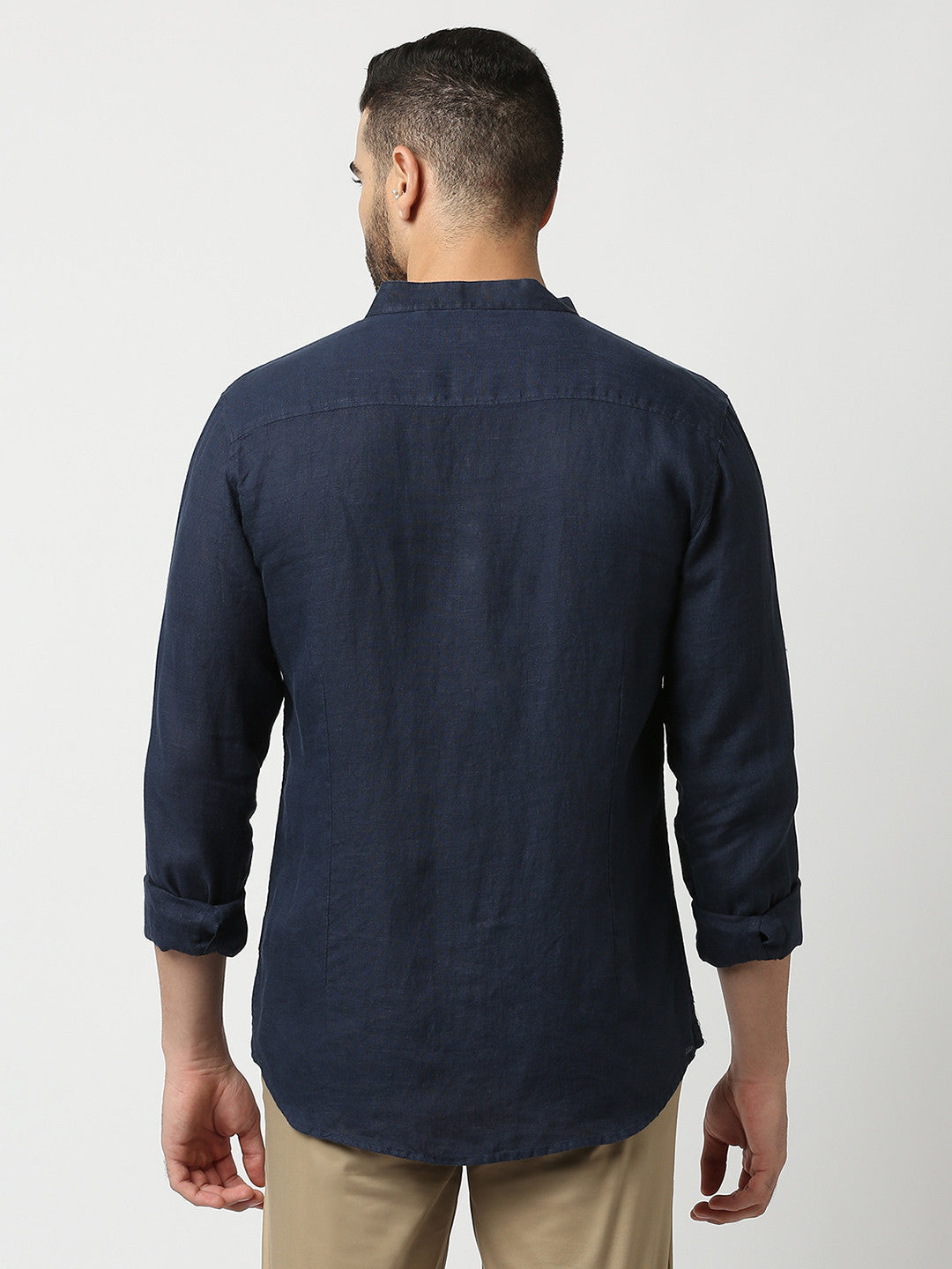 Navy Blue Pure Linen Shirt With Mandarin Collar