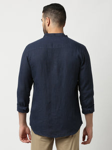 Navy Blue Pure Linen Shirt With Mandarin Collar