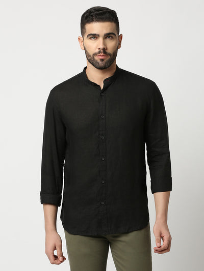 Black Pure Linen Shirt With Mandarin Collar
