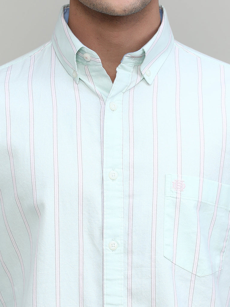 Pistachio Slim Fit Premium Cotton Lycra Stripe Shirt With Pocket