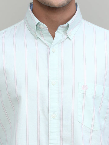 Pistachio Slim Fit Premium Cotton Lycra Stripe Shirt With Pocket