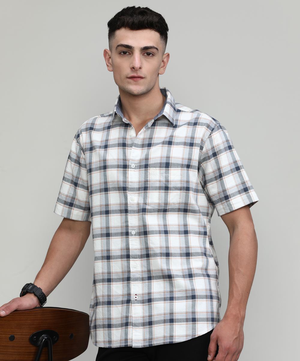 Beige Slim Fit Premuim Cotton Checks Shirt With Pocket-SS25