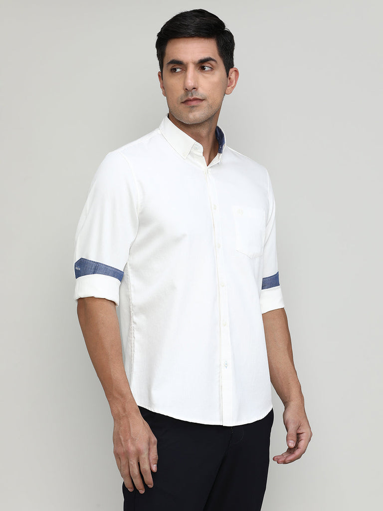 White Slim Fit Premium Cotton Lycra Solid Shirt With Pocket