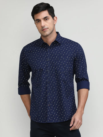 Navy Slim Fit Premium Cotton Printed Shirt