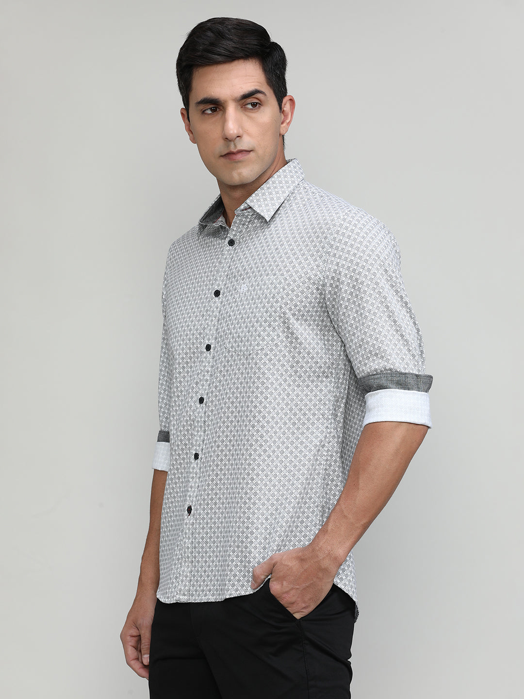 Black Slim Fit Premuim Cotton Printed Shirt With Bone Collar & Pocket