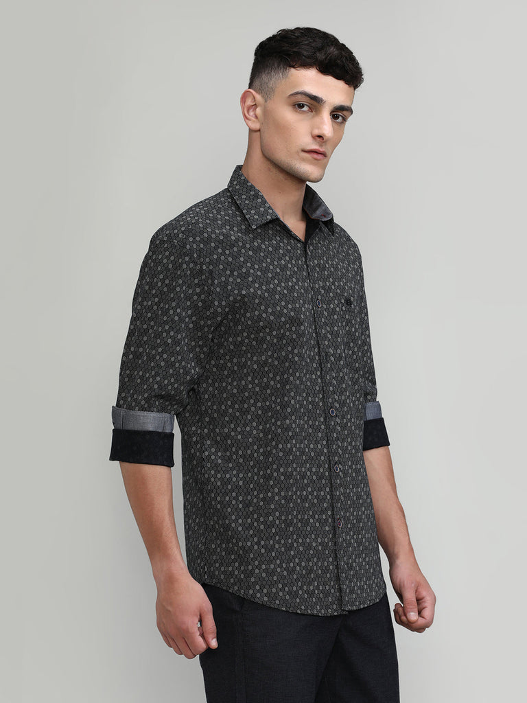 Black Slim Fit Premium Cotton Printed Shirt With Pocket